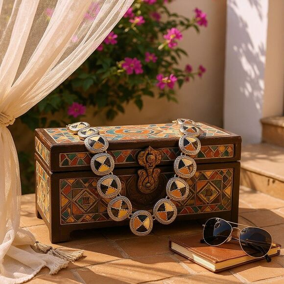 VTG Geometric Statement Necklace–Silver Tone, Black & Brown Enamel, Toggle Clasp - Picture 6 of 6